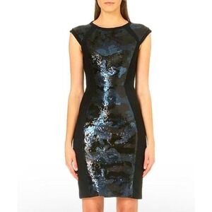 Ted Baker Sequin Camo Sheath Dress Womens Size 0 Black Blue Excellent Cap Sleeve
